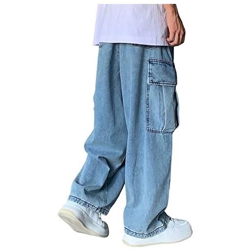 Yokbeer jeans pantaloni y2k baggy jeans pantaloni sportivi da uomo, pantaloni a gamba larga stile hip hop, jeans a vita alta con tasca da strada, pantaloni jeans da skateboard (color: blue, size: 