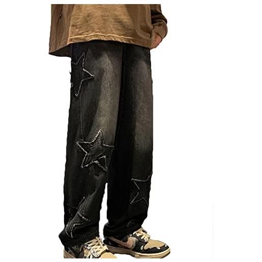 Yokbeer jeans hip hop uomo y2k pantaloni jeans lavati gamba dritta larghi pantaloni casual denim vintage jeans stampati croci vita alta pantaloni cargo skateboard streetwear ( color: b-blue , size: m )
