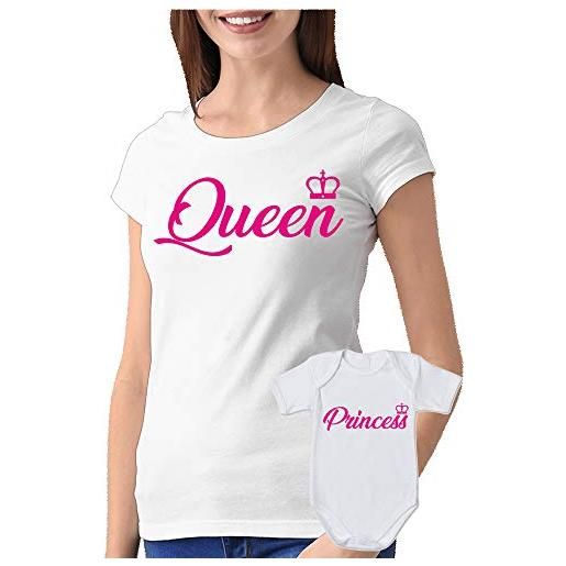 fashwork coppia t-shirt magliette mamma body mamma figlia festa della mamma queen, princess - idea regalo
