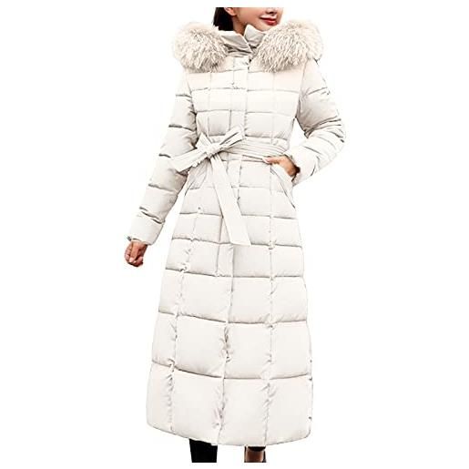EMUKFD piumino invernale da donna, alla moda, lungo, con cappuccio, imbottito, con colletto in pelliccia sintetica, con cintura, bianco, xxl
