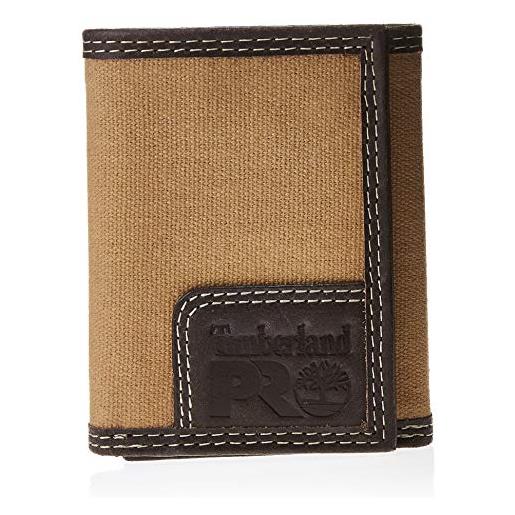 Timberland PRO men's canvas leather rfid trifold wallet with zippered pocket, khaki, one size