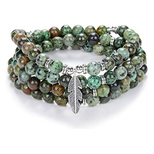 Self-Discovery Mala braccialetto di perline yoga ispiratore 108 collana di pietra mala con delicato ciondolo piuma portafortuna (turchese africano (african turquoise))