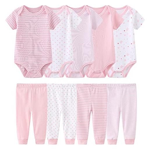 Tone, body a maniche corte, 5 pezzi e leggings pantaloni, set da 4 pezzi, per neonati e ragazze, 0-3 m/3-6 m/6-9 m/9-12 m, cotone rosa 3 mesi