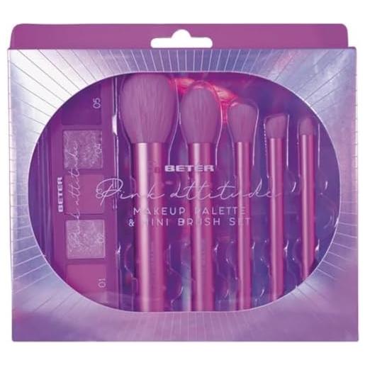 Beter - set pennelli trucco e palette con illuminante, blush e ombretti pink attitude collection, set pennelli make up, 5 pennelli make up, set make up brush, ideale per regalo