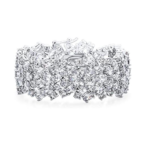 Bling Jewelry braccialetto elegante formale aaa cz wide statement per donne, promozioni, matrimoni o occasioni nuziali, design a grappolo di zirconi cubici ovali grandi e multipli, placcato in argento