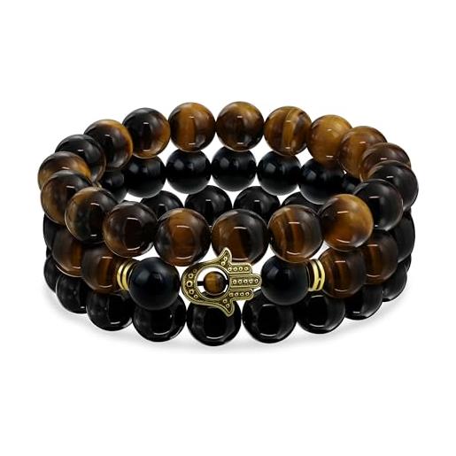 Bling Jewelry set di 3 braccialetti elastici con perle rotonde di occhio di tigre marrone e onice nero impilabili con mano di fatima - metallo placcato in oro per donne, uomini e adolescenti