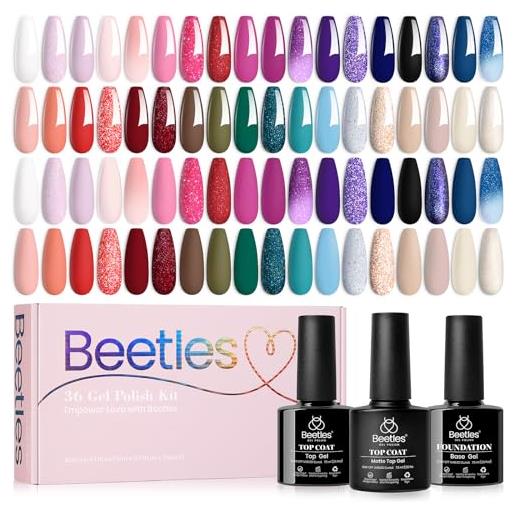 beetles Gel Polish beetles - set di 39 smalti in gel uv con base coat, glitter riflettenti, bordeaux, blu, verde, colori invernali, 36 colori, per ragazze