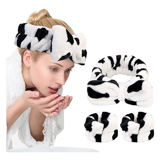 UNIMEIX 3 pack spa headband and wrist washband face wash set, reusable soft makeup headband fleece skincare headband for washing face shower (narrow cow)