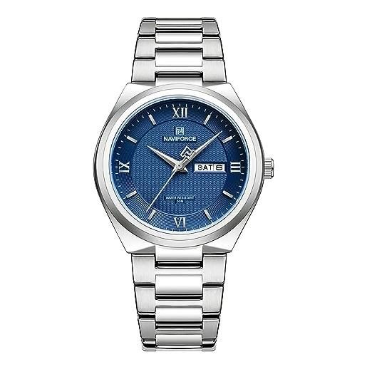 Naviforce reloj de pulsera casual para hombre, reloj de acero inoxidable resistente al agua con fecha y movimiento de cuarzo analógico (silver blue)