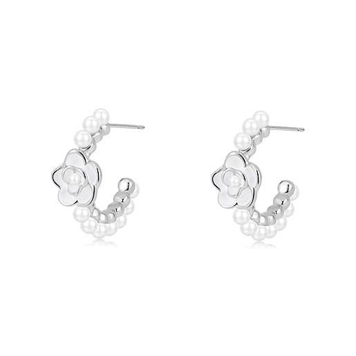 SLUYNZ argento fiore perle orecchini cerchio per le donne teen ragazze camelia fiore orecchini cerchio perle orecchini da sposa (a-silver)