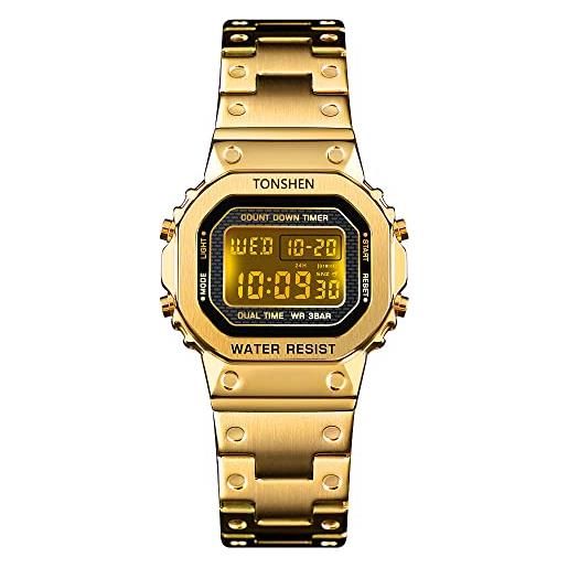 TONSHEN fashion donna acciaio inossidabile digitale orologio doppio tempo led elettronico allarme cronometro controluce orologi da polso (oro)