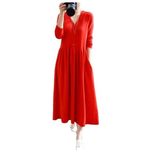 Haitpant autunno inverno scollo a v abito cashmere temperamento femminile sopra il ginocchio grande vestito maglione, rosso, l