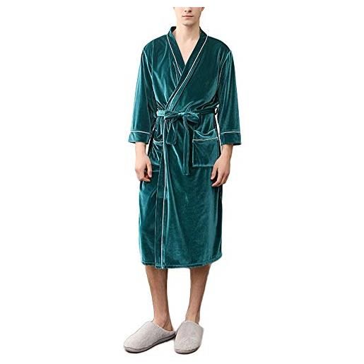 DAIHAN accappatoio coppie con scollo a v manica 3/4 in velluto camicia da notte vestaglia kimono elegante per festa di nozze casa spa hotel con cintura, verde-uomini, l-xl