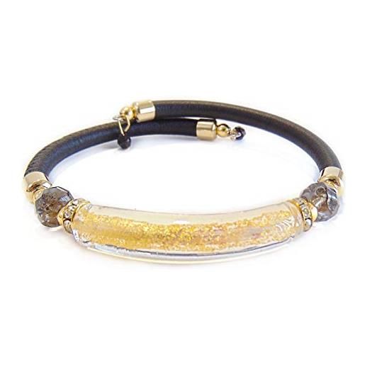 VENEZIA CLASSICA - bracciale da donna con perla tubetto in vetro di murano originale e vera pelle toscana, con foglia in oro 24kt o argento, made in italy certificato (nero/oro)