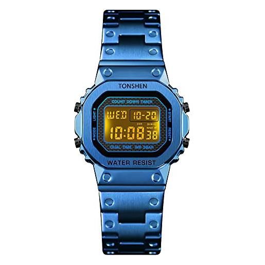 TONSHEN fashion donna acciaio inossidabile digitale orologio doppio tempo led elettronico allarme cronometro controluce orologi da polso (blu)