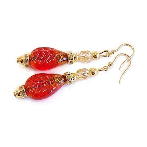 VENEZIA CLASSICA - orecchini da donna con perle in vetro di murano originale, collezione ginger, con foglia in oro 24kt, made in italy certificato (rosso)