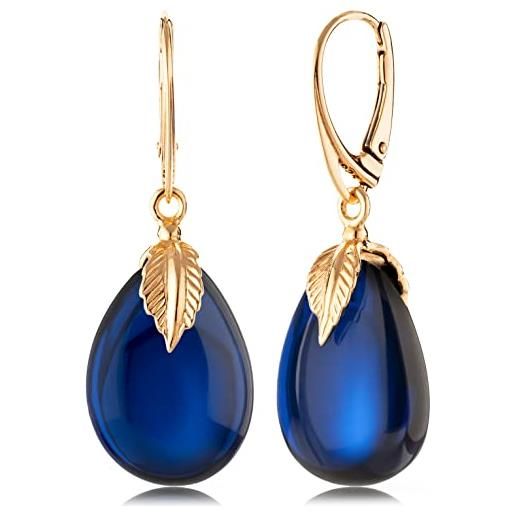 Amber by Mazukna - orecchini a goccia in ambra blu, blu scuro, da appendere con gemma da donna, con chiusura in argento placcato oro ag925, 45 x 15 mm, 5,5 g, argento gemma ambra, ambra