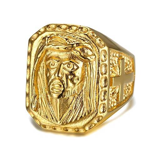 BOBIJOO JEWELRY - grande anello con castone, una testa d'oro di gesù, croce, acciaio inossidabile, oro viaggiatori zingari - 31 (14 us), d'oro - acciaio inossidabile 316