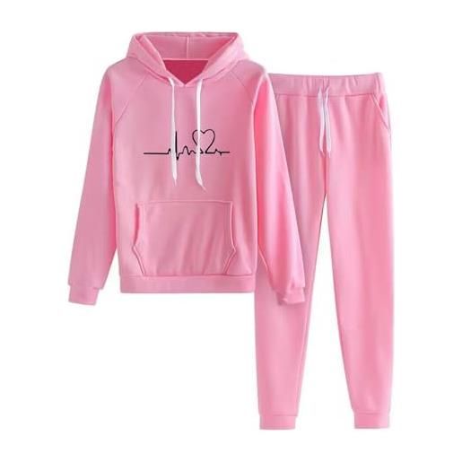 Generic set di tute casual in pile da donna a maniche lunghe con stampa di cuori con cappuccio tailleur giacca pantalone (pink, l)