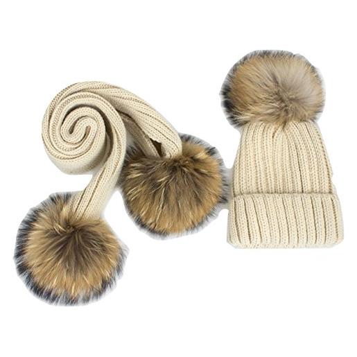 Brillabenny set cappello e sciarpa 4 pon pon pelliccia beige 1-4/5 anni bambino cappellino cuffia hat scarf fur baby luxury