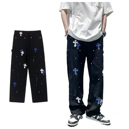 LIXQQS jeans uomo y2k vintage con patch a croce taglio largo streetwear denim lavato effetto distressed pantaloni casual dritti gamba larga stile hip hop (color: schwar, size: s)