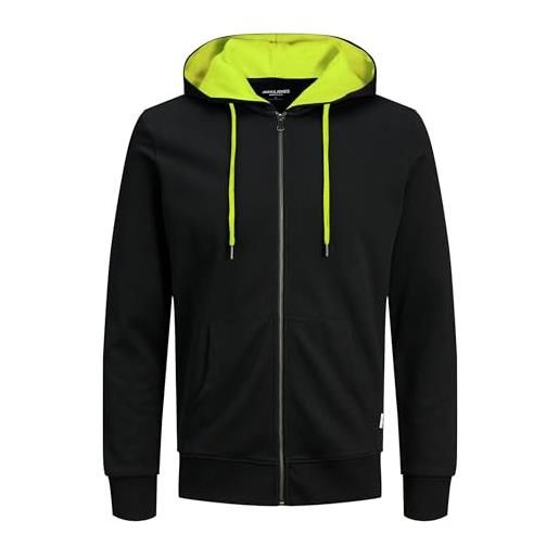 JACK & JONES male - felpa con cappuccio e cerniera, nero/neon (giallo di sicurezza), m