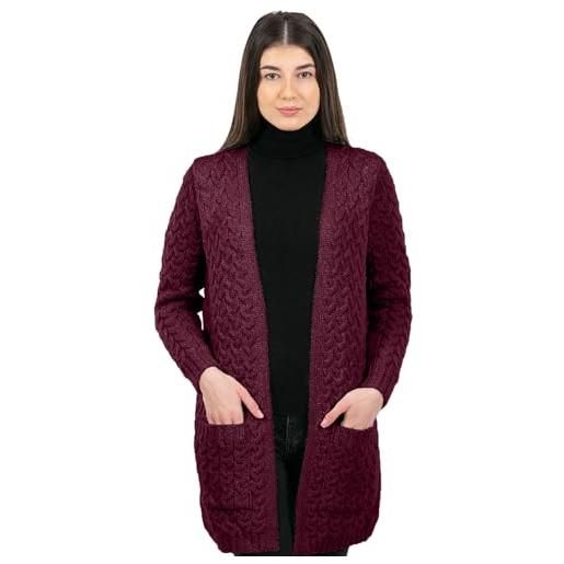 SAOL aran - cappotto irlandese da donna con tasche e apertura frontale, in lana merino, prodotto in irlanda, navy, l