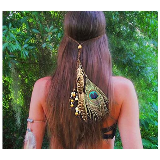 Fashband fascia per capelli con piume indiane, stile boho, hippie, tribale, accessorio per capelli con piume di pavone, per donne e ragazze