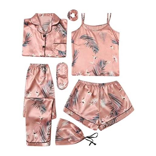 Generic tuta da casa delle donne flamingo stampa moda slim pigiama quattro pezzi set per tutte le stagioni mamma e san valentino pigiama, oro rosa, s