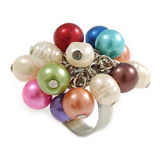 Avalaya anello a grappolo di perle finte multicolore in metallo argentato - regolabile 7/8