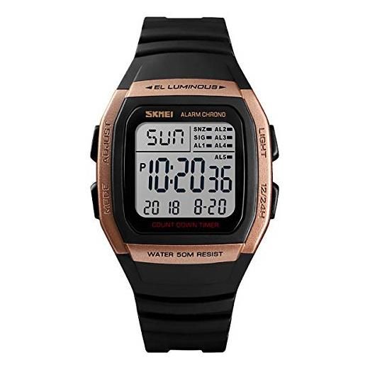 Skmei orologio digitale con display trasparente, 5 allarmi, cronometro, conto alla rovescia, oro rosa o nero, oro rosa, standard adult, cinturino