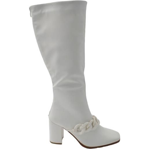 Malu Shoes stivali donna in pelle bianco fondo gomma antiscivolo tacco quadrato 5 cm al ginocchio zip con catena punta quadrata