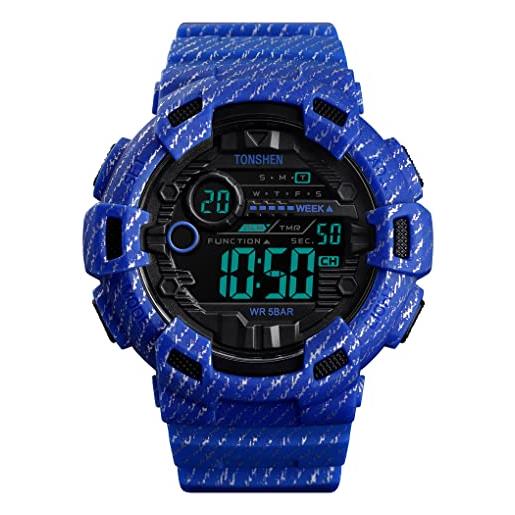 TONSHEN orologi da polso da uomo fashion quadrante grande 50m impermeabile led elettronico doppio tempo outdoor sportivo digitale orologio allarme cronometro data (blu)