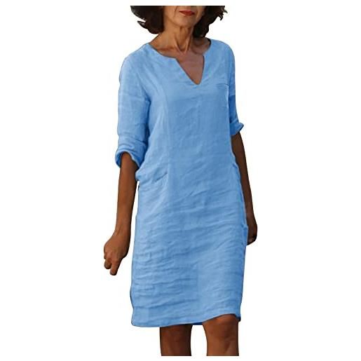 Yowablo mini abito corto in cotone e lino a mezza manica con scollo a v alla moda e confortevole da donna tubini estivi (m, blu-2)