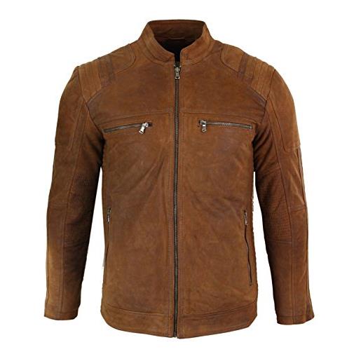 Infinity Leather giacca da uomo in vera pelle scamosciata motociclista con zip e collo alla coreana marrone chiaro 4xl