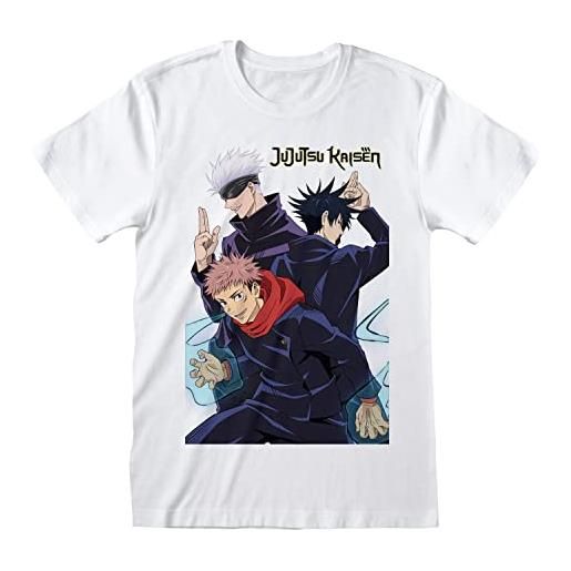 Heroes Inc. jujitsu kaisen - tshirt bianca per uomo, 100% cotone, maglia, maglietta, stampa frontale del trio protagonista dei fumetti manga e anime giapponese. (xxl)