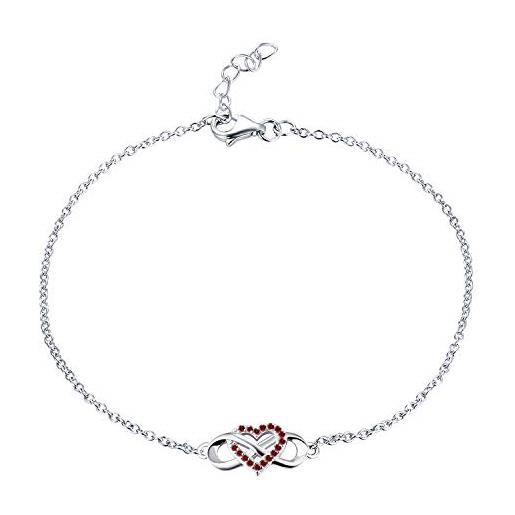 JO WISDOM braccialetto cuore infinito argento 925 donna con aaa zirconia cubica gennaio birthstone colore granato bracciali braccialetti, 18cm+2cm
