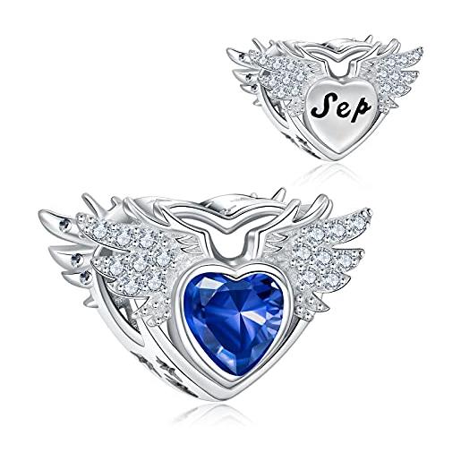 NINGAN pietra di compleanno dell'ala angelo charm in argento 925 adatto per il regalo di compleanno del braccialetto europeo delle signore (09-settembre)