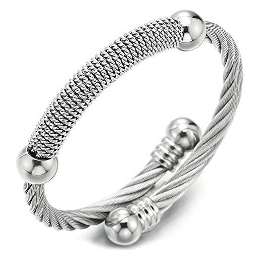 COOLSTEELANDBEYOND bracciale da uomo donna, braccialetto del polsino, acciaio inossidabile, cavo intrecciato, color argento