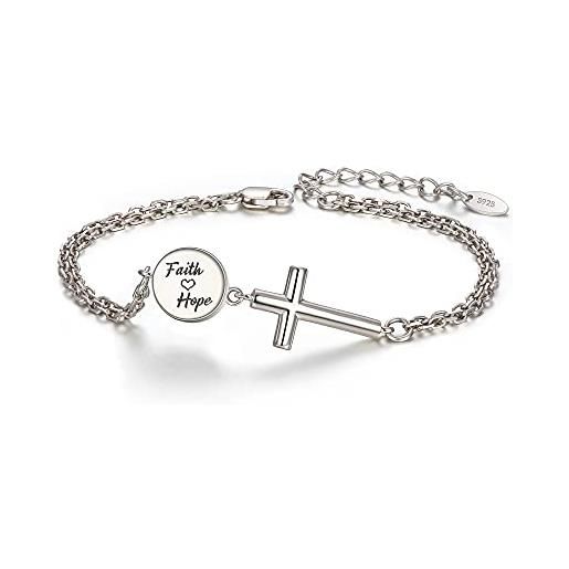 EVER FAITH bracciale donna argento 925, bracciale croce per donna bambina, bracciale religione ispirazione fede speranza 7.1-9.4