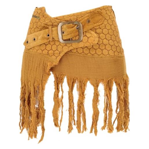 GURU SHOP goa minigonna, gonna avvolgente, tribal cacheur, adulteratore, gonna con frange, donna, verde, cotone, taglia: 38, abbigliamento alternativo, curry, 44