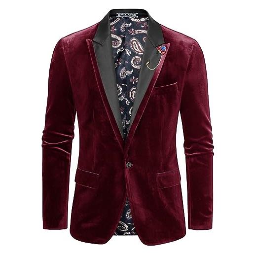 PJ PAUL JONES blazer da uomo in velluto con risvolto in pizzo, vestibilità normale, per il tempo libero, con spilla, rosso vivo, xxl