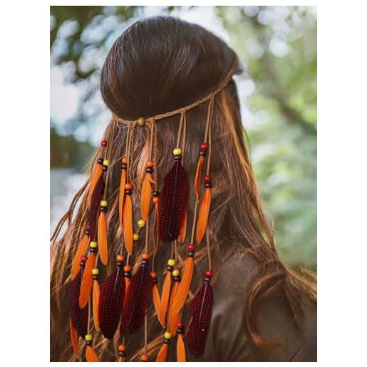 IYOU fasce piume boho copricapo arancio hippie copricapo nappe accessori per capelli gypsy india per donne e ragazze