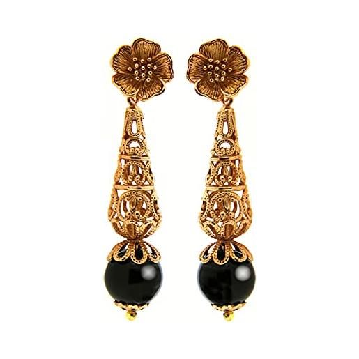 Mokilu' - gioielli - orecchini vintage - donna - ottone dorato 24kt - pietra di onice nera