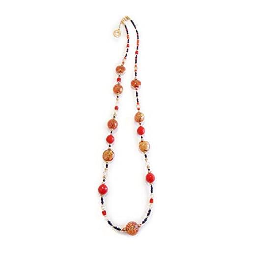 VENEZIA CLASSICA - collana da donna lunga con perle in vetro di murano originale, collezione linde, rosso con foglia in oro 24kt, made in italy certificato