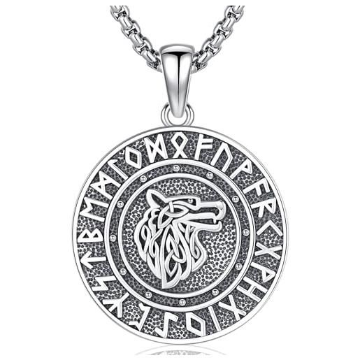 Friggem collana da uomo collana vichinga martello di thor argento 925 ciondolo vichingo mjolnir amuleto mitologia norrena gioielli vichinghi per uomo donna (lupo & rune)