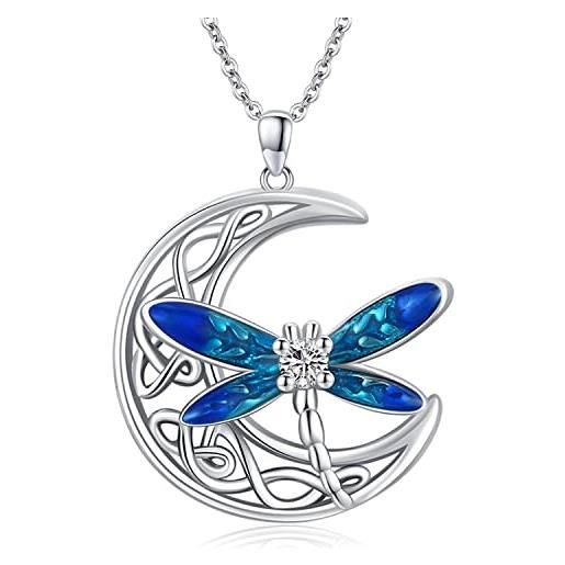 Twoowl collana con luna celtica, in argento sterling 925, con ciondolo a forma di libellula, gioiello celtico irlandese, regalo per donne e ragazze, argento sterling