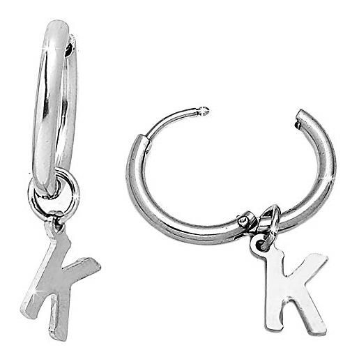 Beloved orecchini da donna a cerchio in acciaio - con lettera dell'alfabeto iniziale pendente - per lobi forati - colore silver (k)