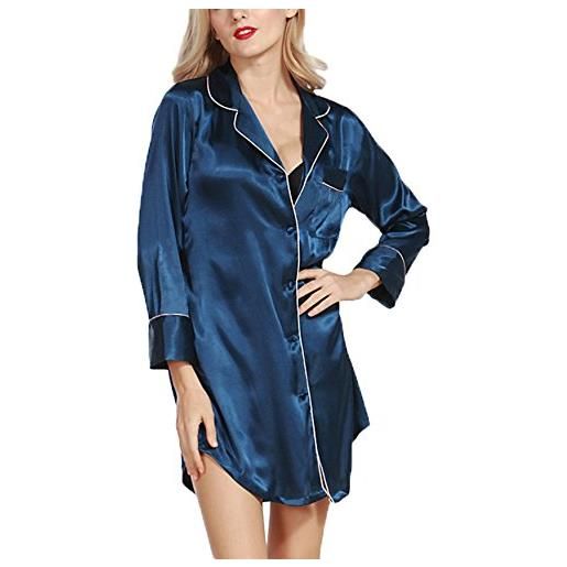 Asskyus camicia da notte da donna, camicetta da notte in morbido raso da notte (xl, blu navy)