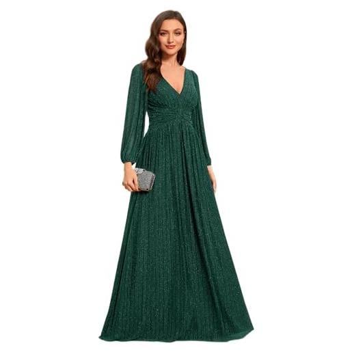 Ever-Pretty abito cerimonia donna scollo a v a manica lungamanica della lanterna vestito donna elegante verde scuro 48
